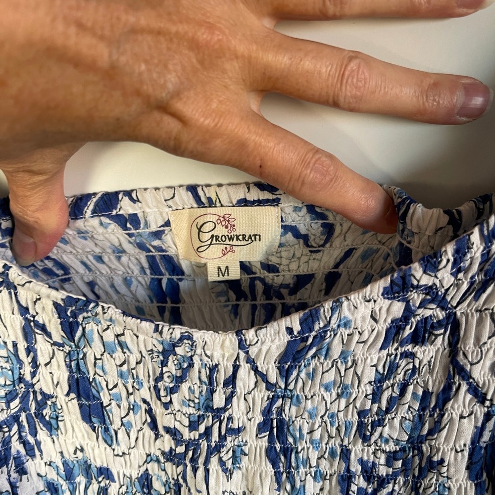 GROWKRATI Smocked Maxi Dress‎ Blue White Floral Print Square Neck Puff Sleeve M - Picture 8 of 8